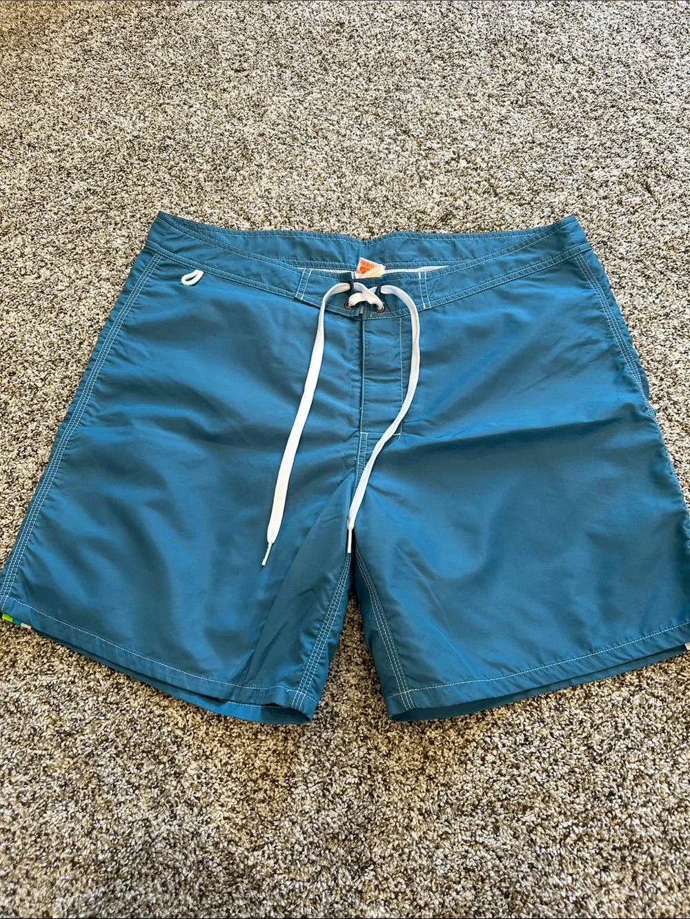Sundek Teal Swim Trunks with Lime & White Stripes